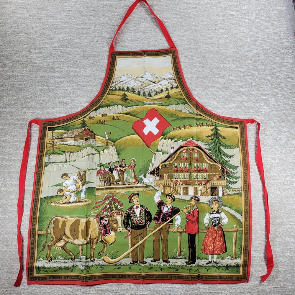 Vintage Swiss Fisba Apron Folk Art Switzerland Novelty Cultural Print Souvenir